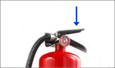 Fire extinguisher and arrow indicating to squeeze the top handle or lever.