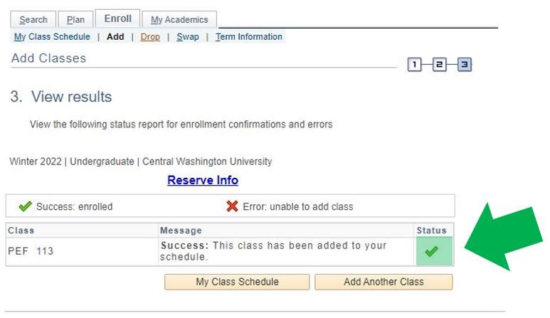 MyCWU webpage with instructional arrows pointing at the class status.