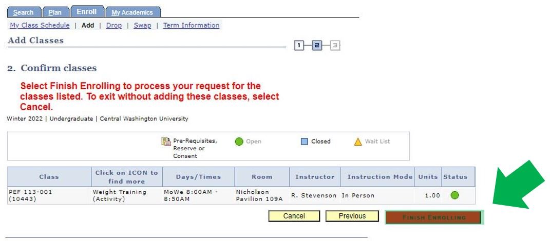 MyCWU webpage with instructional arrows pointing at the 'Finish Enrolling' button.
