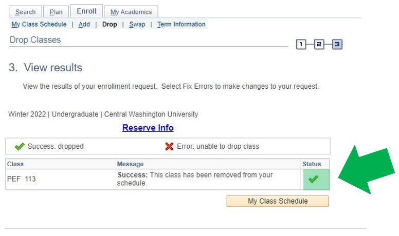 MyCWU webpage with instructional arrows pointing at  the updated class status. 