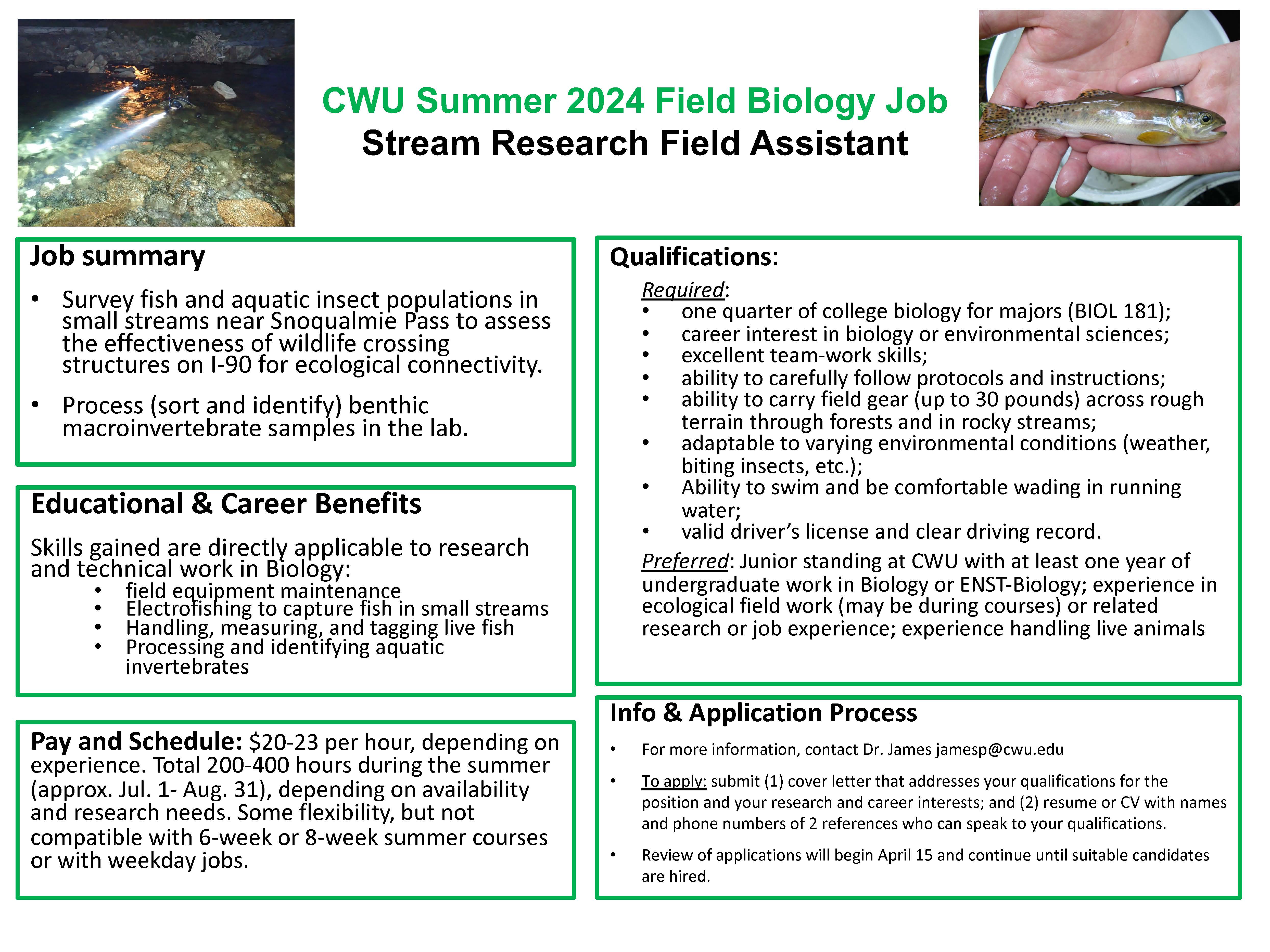 Poster announcing summer job opportunity in stream research for i-90 project