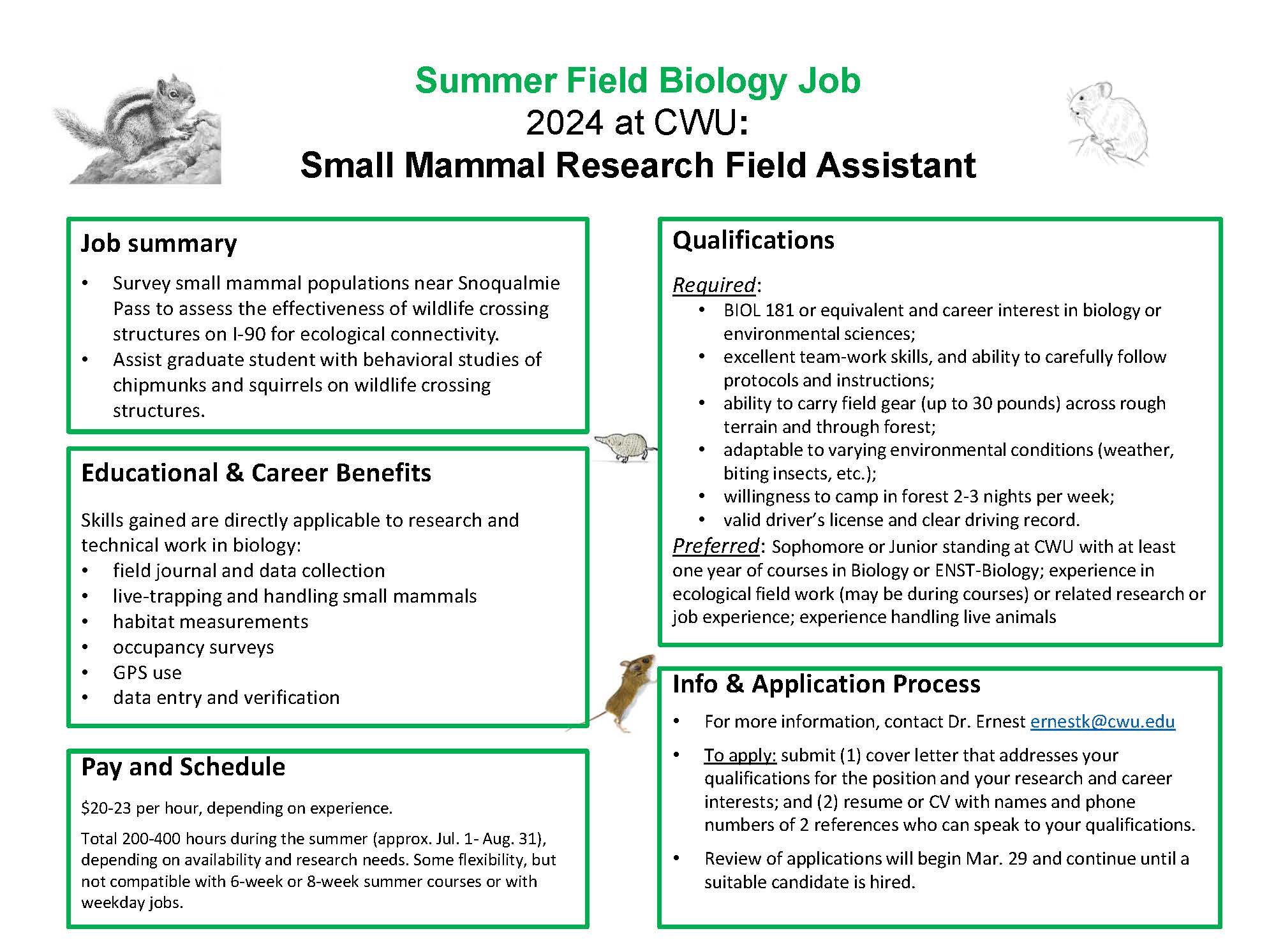 informational flyer for CWU Small Mammal Research Field Assistant