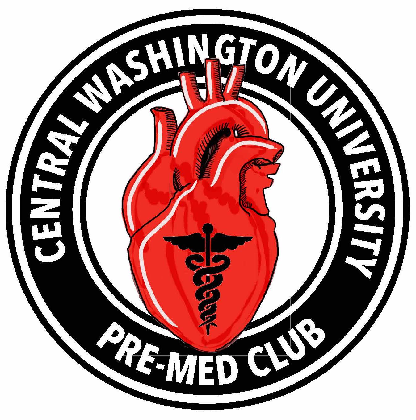 A red, realistic heart with a caduceus symbol on it, sits in the middle of a black circle with the words "Central Washington University Pre-Med Club" encircling the black circle.