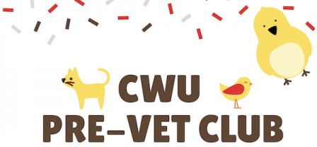 CWU Pre-Vet Club logo. White background with brown, gray and red sprinkles and a yellow, cartoon cat, bird, and chick.