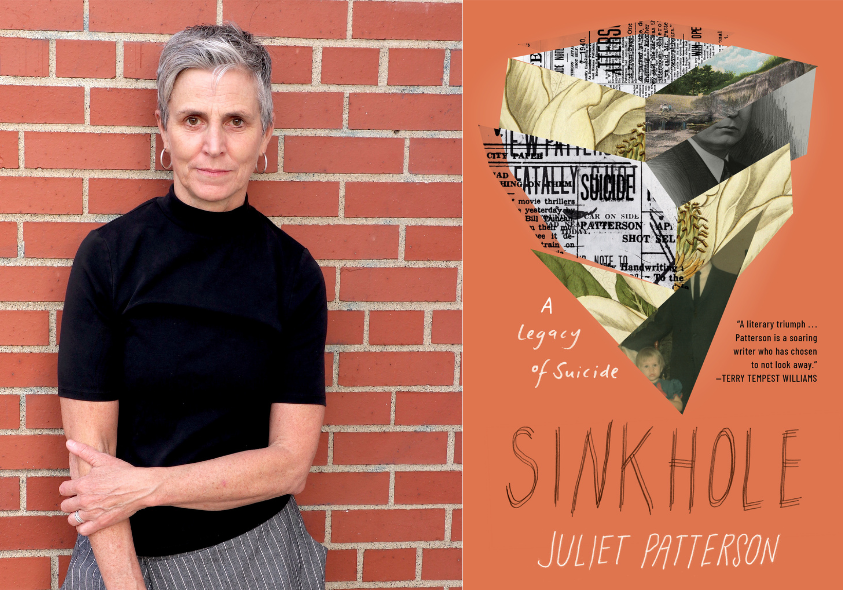 Juliet Patterson headshot against a brick wall and the cover of her book Sinkhole
