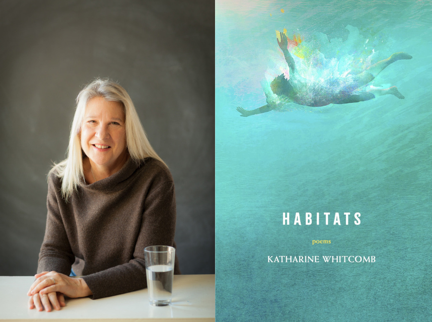 Katharine Whitcomb headshot smiling at the camera in a brown sweater next to a glass of water and her book cover of Habitats
