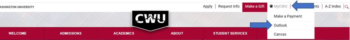 screen grab of the top of mycwu webpage. Mouse is hovering over MyCWU dropdown tab in the left right. An arrow is pointing to the second option down, "Outlook"