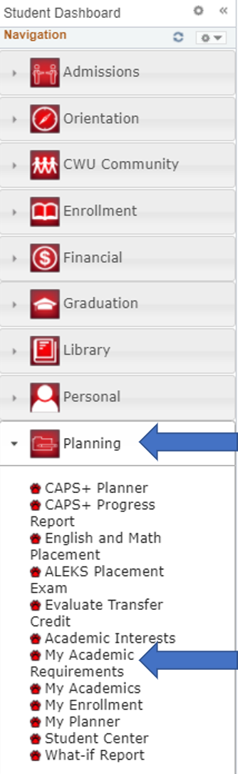 The left navigation bar in MyCWU. An arrow is pointing to the Planning tab, which drops down and a second arrow is pointing to the 7th option down, "My Academic Requirements"