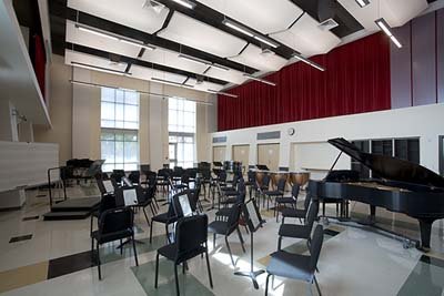 Photo of the CWU Band room with chairs, stands and the piano all setup for rehearsal.