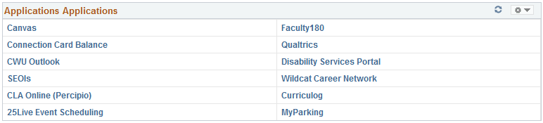 The application section of a student's MyCWU account. Listed are multiple options, including the Wildcat Career Network on the left side of the table, 4 rows down.