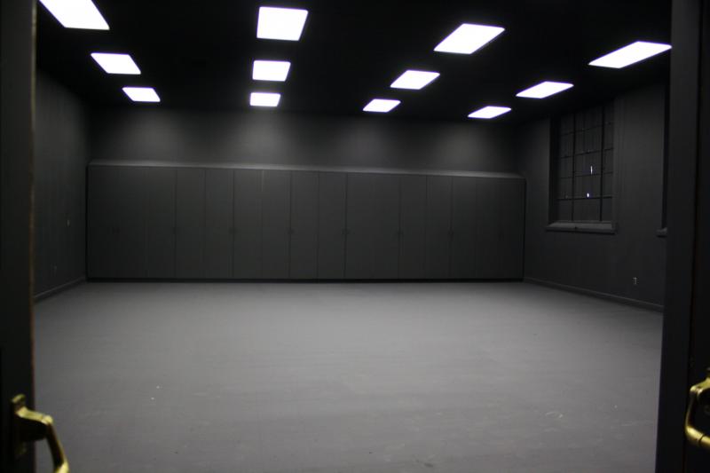 studio rooms in hebler hall. The walls are black.