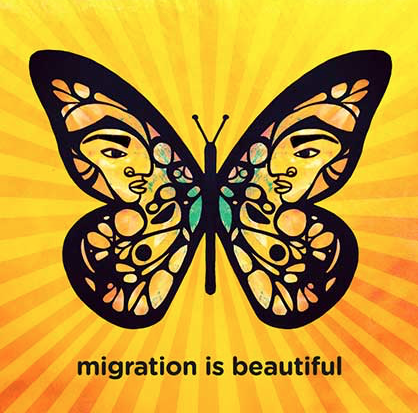 Butterfly in the style of indigenous art with the caption "migration is beautiful". 
