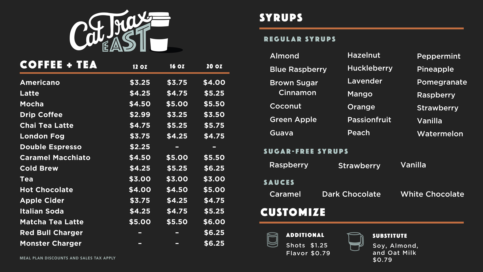 The Menu board for cat trax east