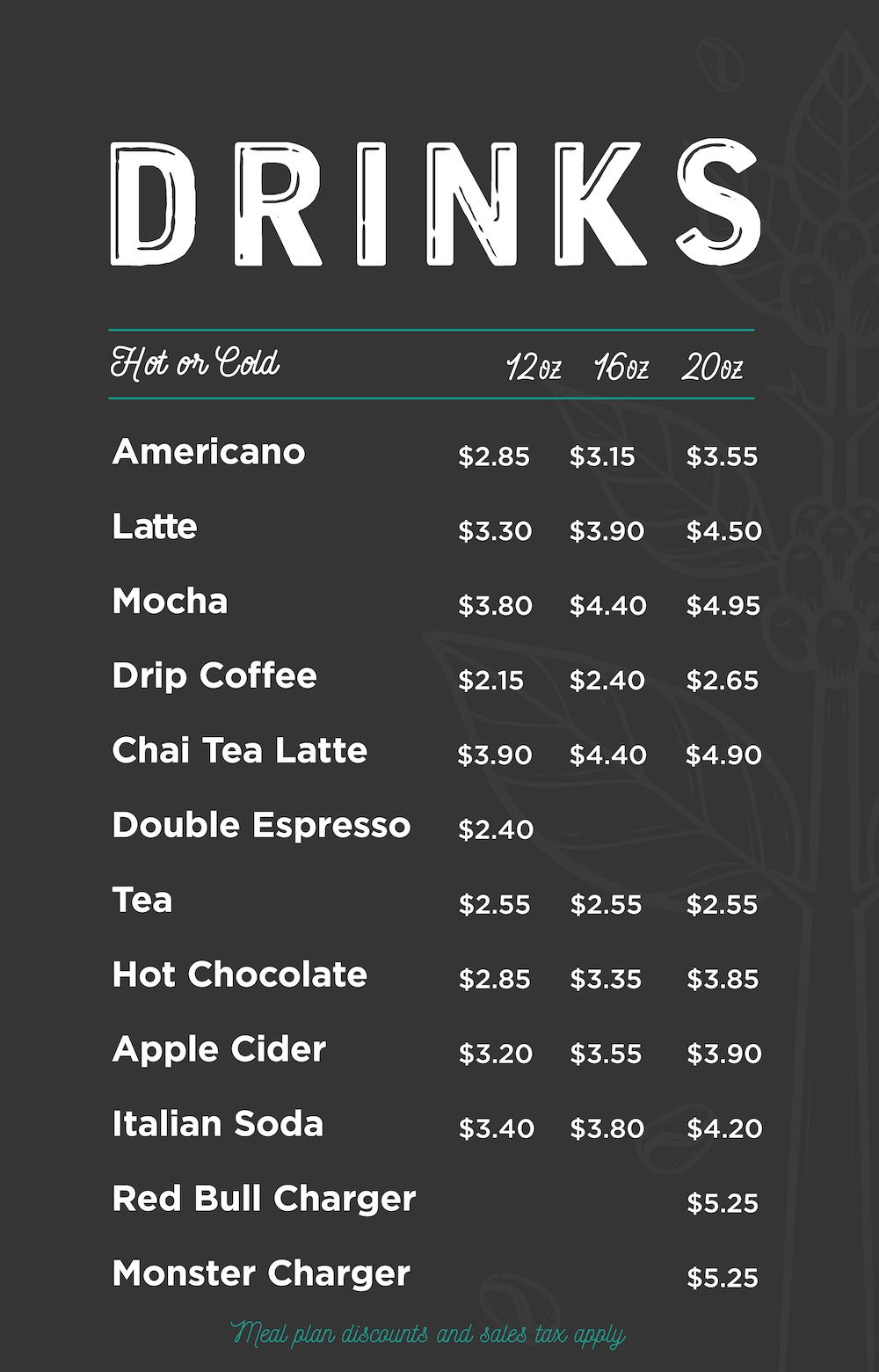 Breeze Thru Café drinks menu board