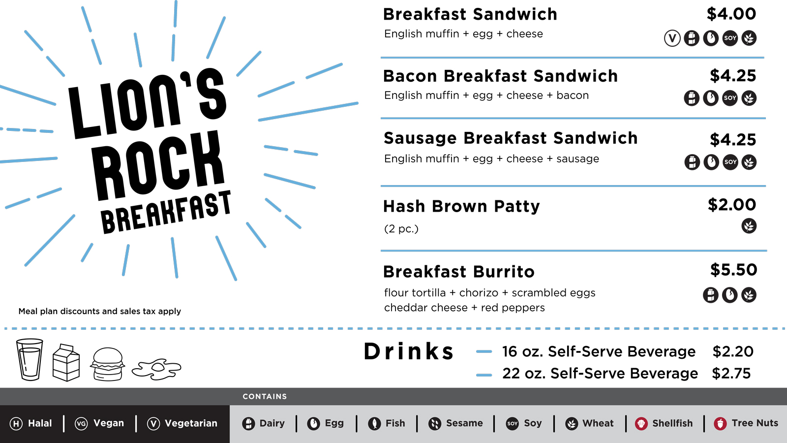 The breakfast menu board for Lions Rock