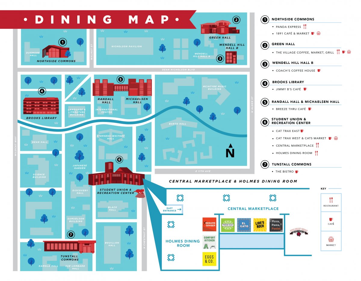 A map of CWU Dining. It focuses on the SURC which is where Central Marketplace and Holme Dining Room is. The SURC is near Black hall. At Central Marketplace you can get Fresh Bar, El Gato, Lion's Rock, and Pizza, Pasta, & Panini. At Holmes dining you can get Sesame Ginger, Comfort Kitchen, or Eggs & CO.