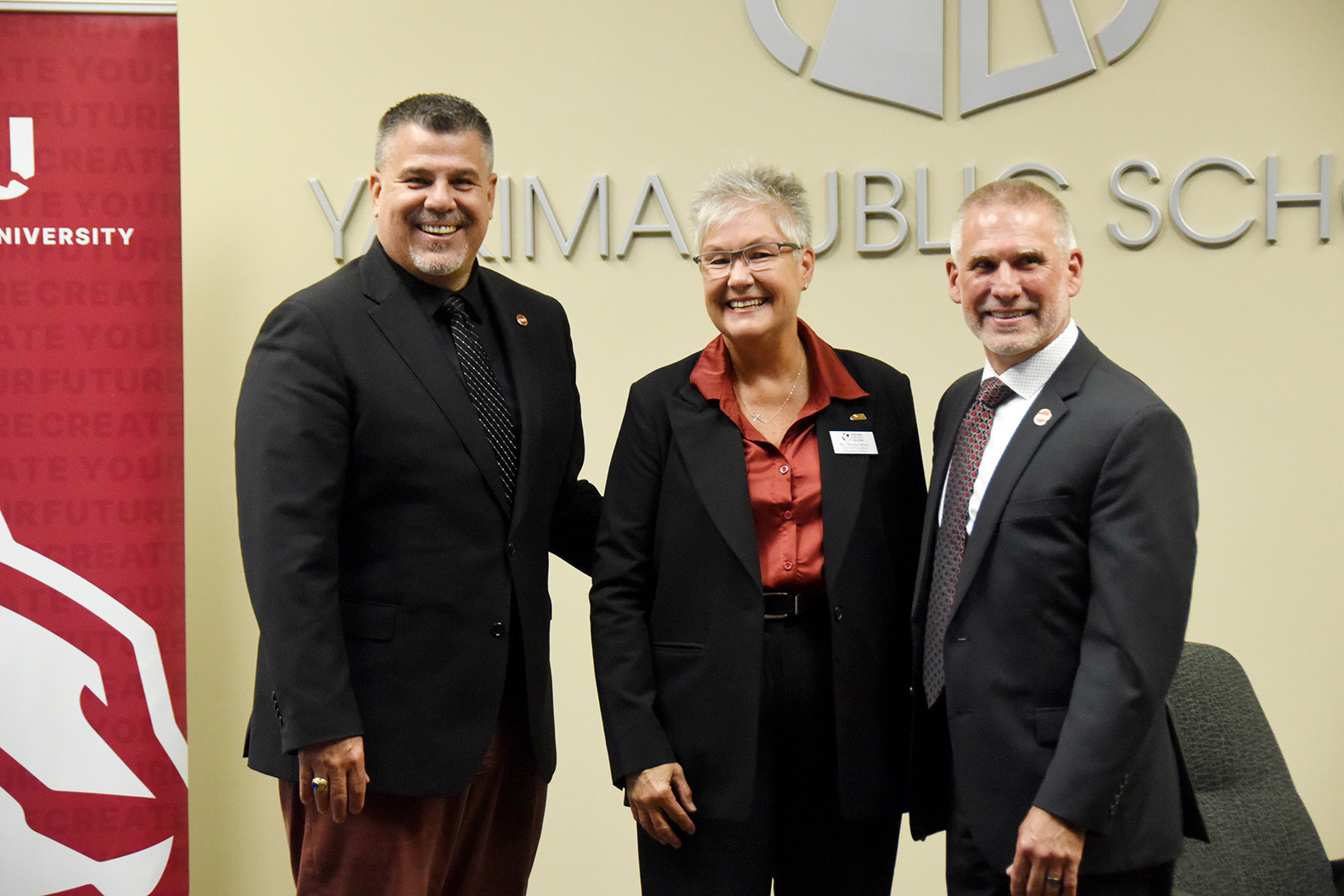 YSD Superintendent Trevor Greene, YVC President Teresa Rich and CWU President Jim Wohlpart at Thursday's event
