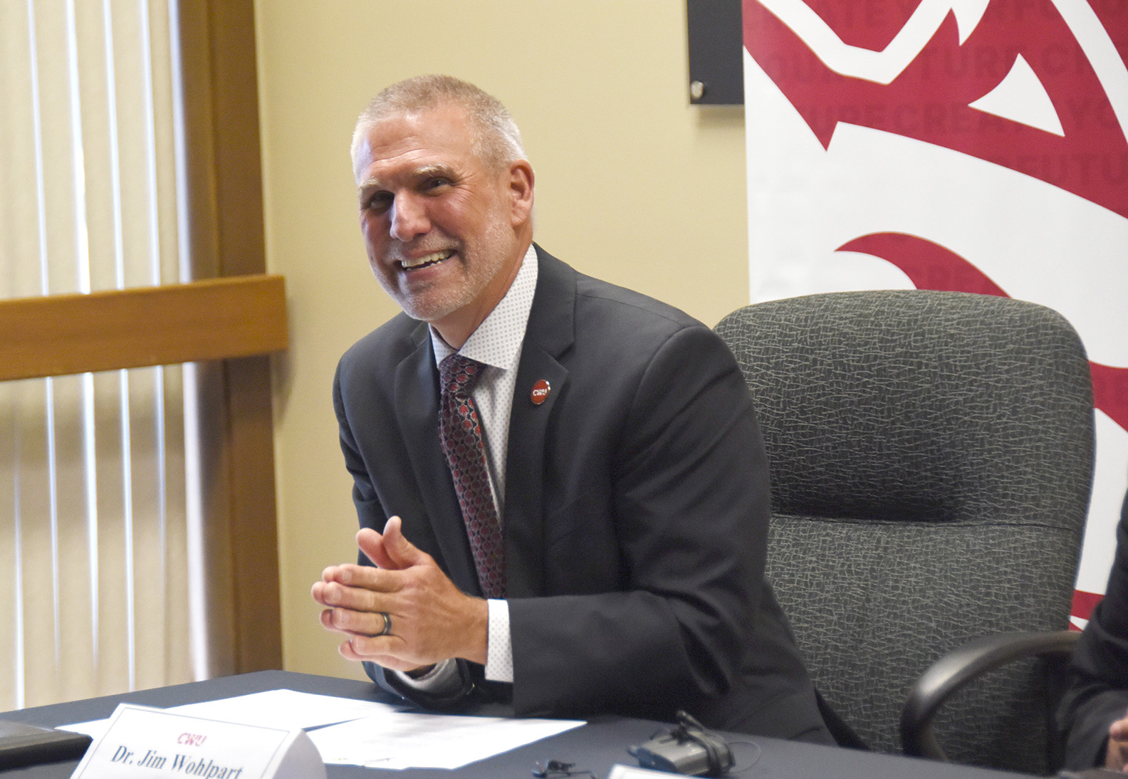 CWU President Jim Wohlpart speaks at Thursday's press conference