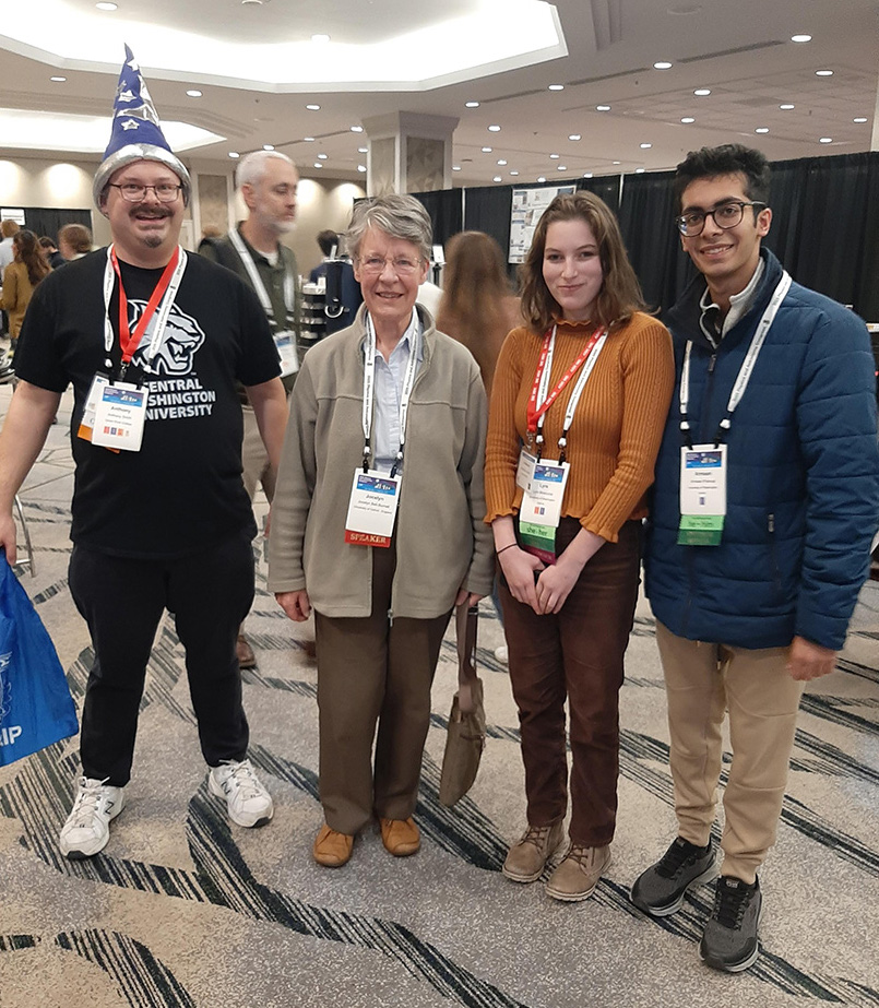 CWU alumnus Anthony Smith and two of his students meet with world-renowned scientist Jocelyn Bell Brunell at a recent academic conference.