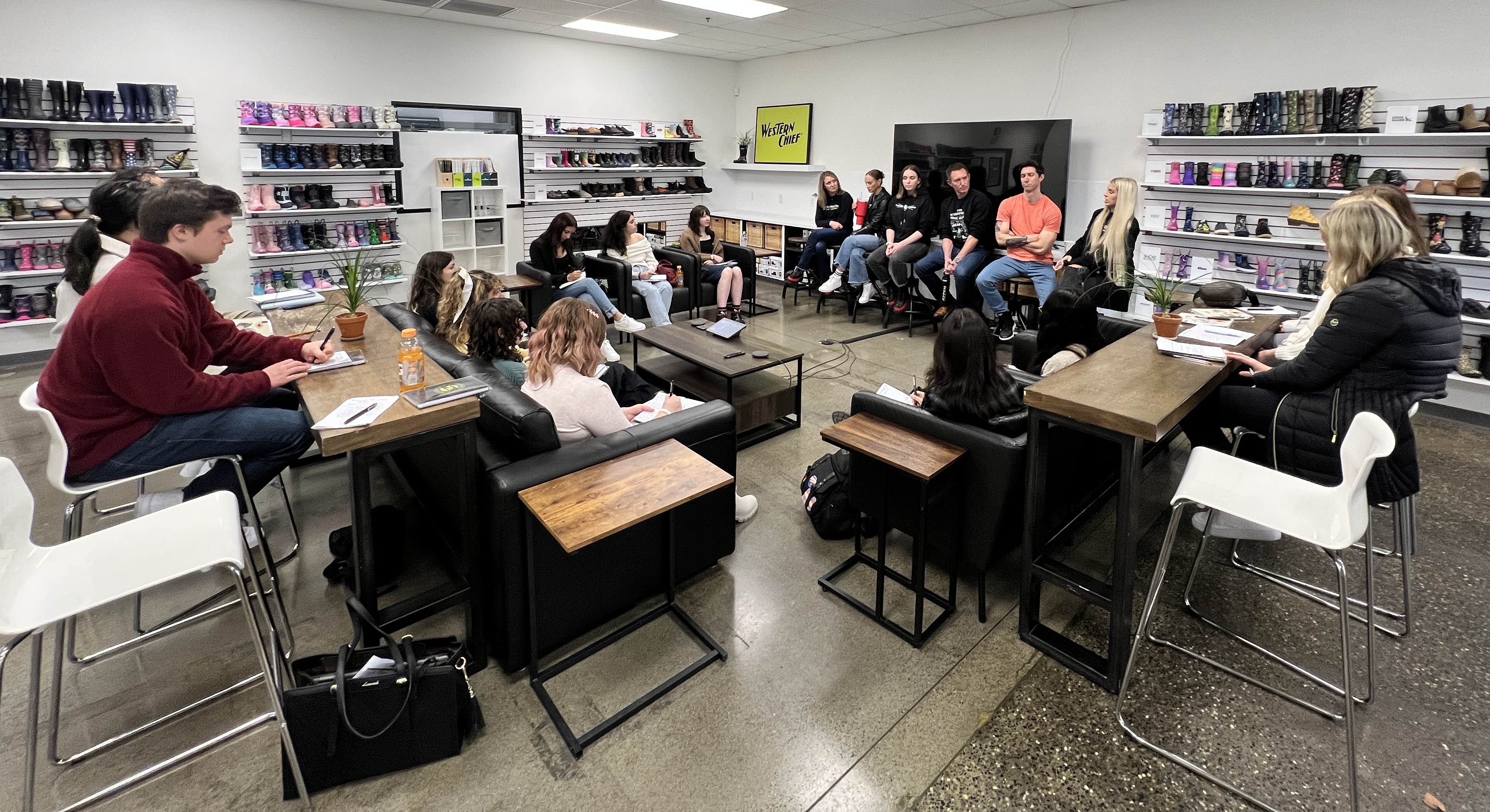 CWU students meet with employees at Washington Shoe Company.