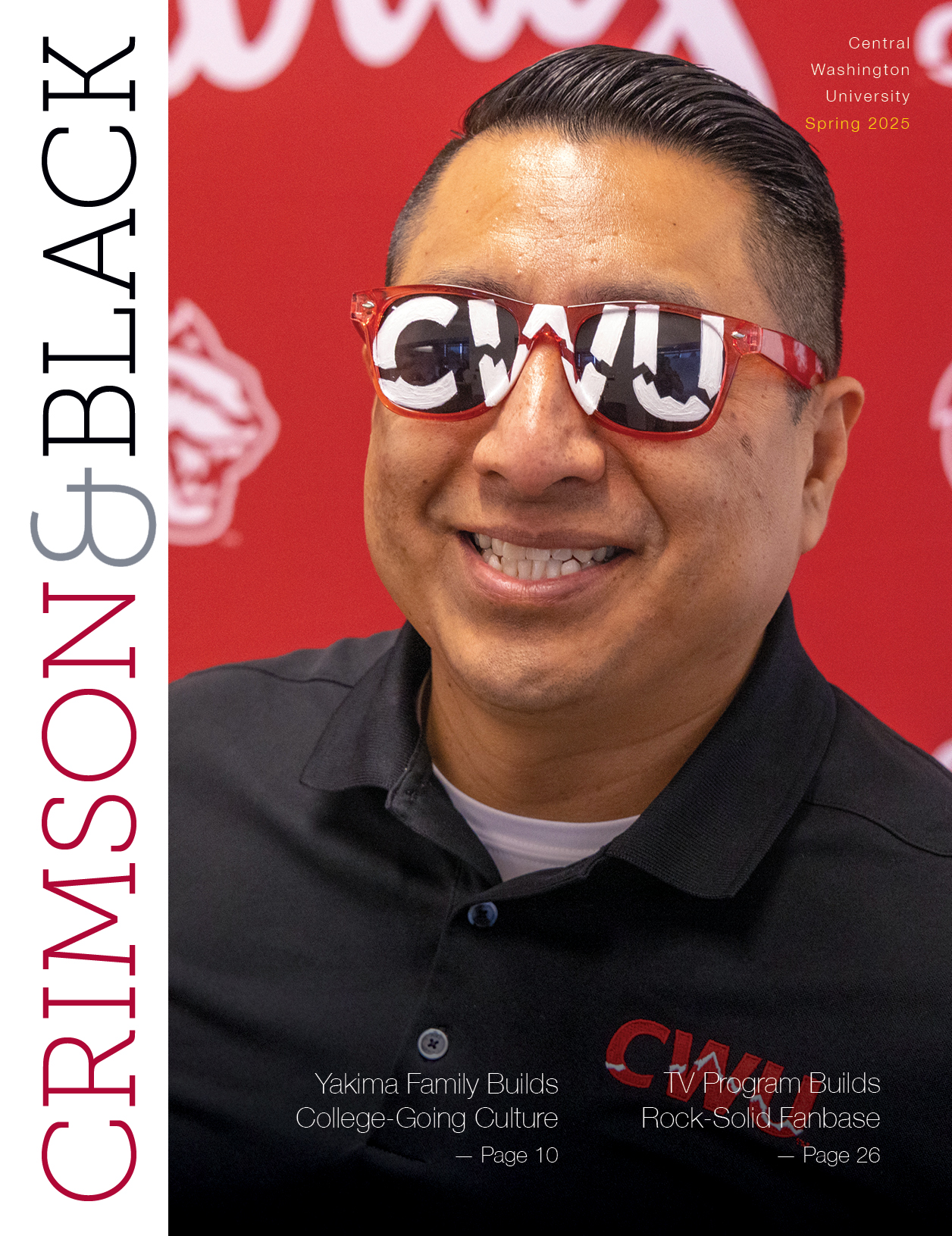 Cover of the latest issue of Crimson and Black Magazine, featuring a photo of Andres Moreno in some snazzy sunglasses.