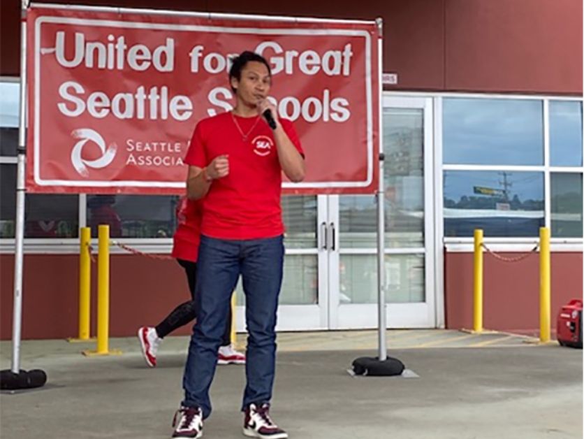 Girard Montejo-Thompson at a rally for the Seattle Education Association.