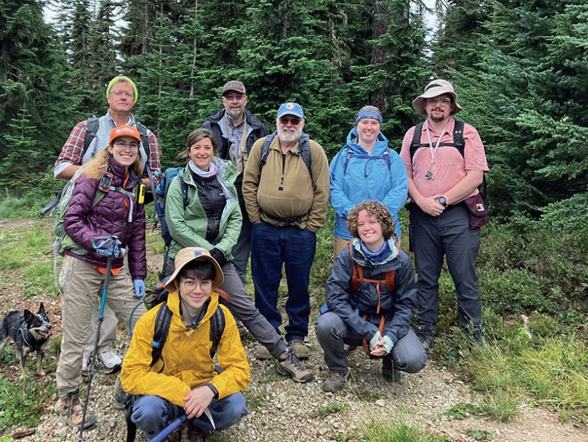 Hannah Shamloo and her research team exploring goat rocks, in full hiking gear