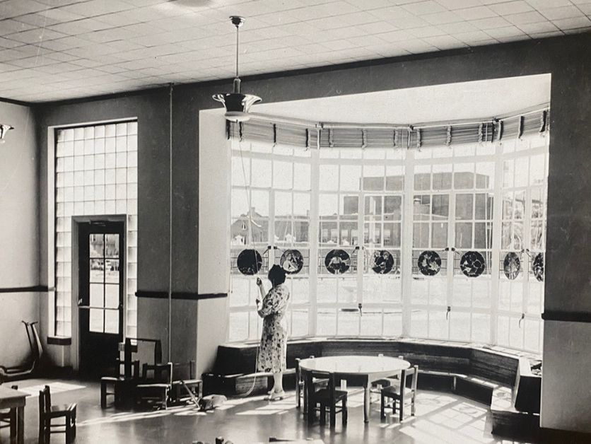 Hebeler Elementary School's stained glass windows, in a photo from the CWU Archives.