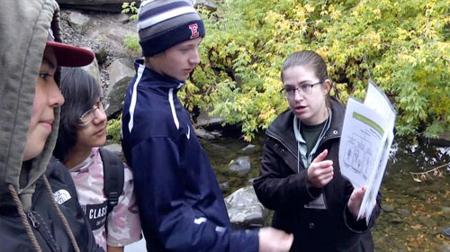 STEM students reviewing documents in the outdoors.