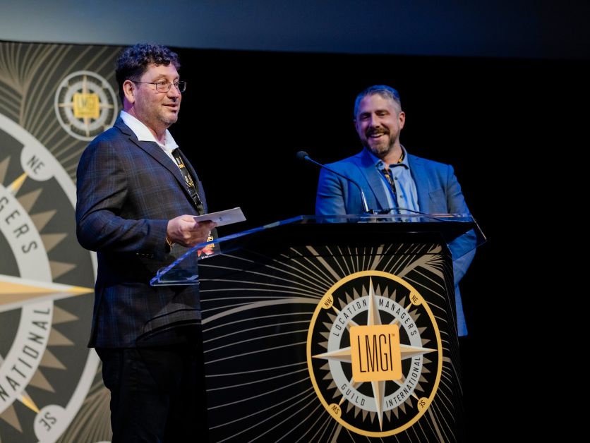 Paul Riordan accepts an award for Best Commercial from the Location Manager's Guild International.