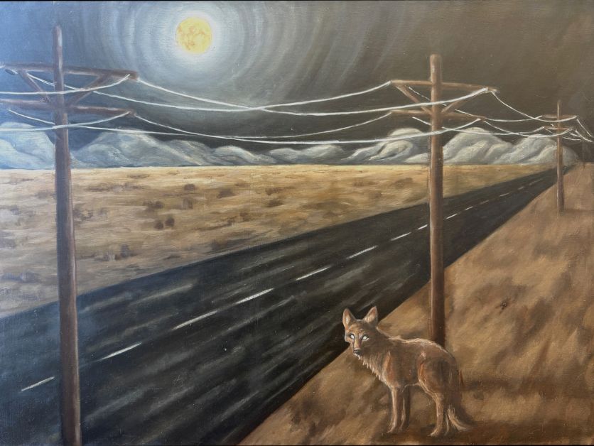 A painting of a coyote by a road on a full moon, entitled Lone Road.