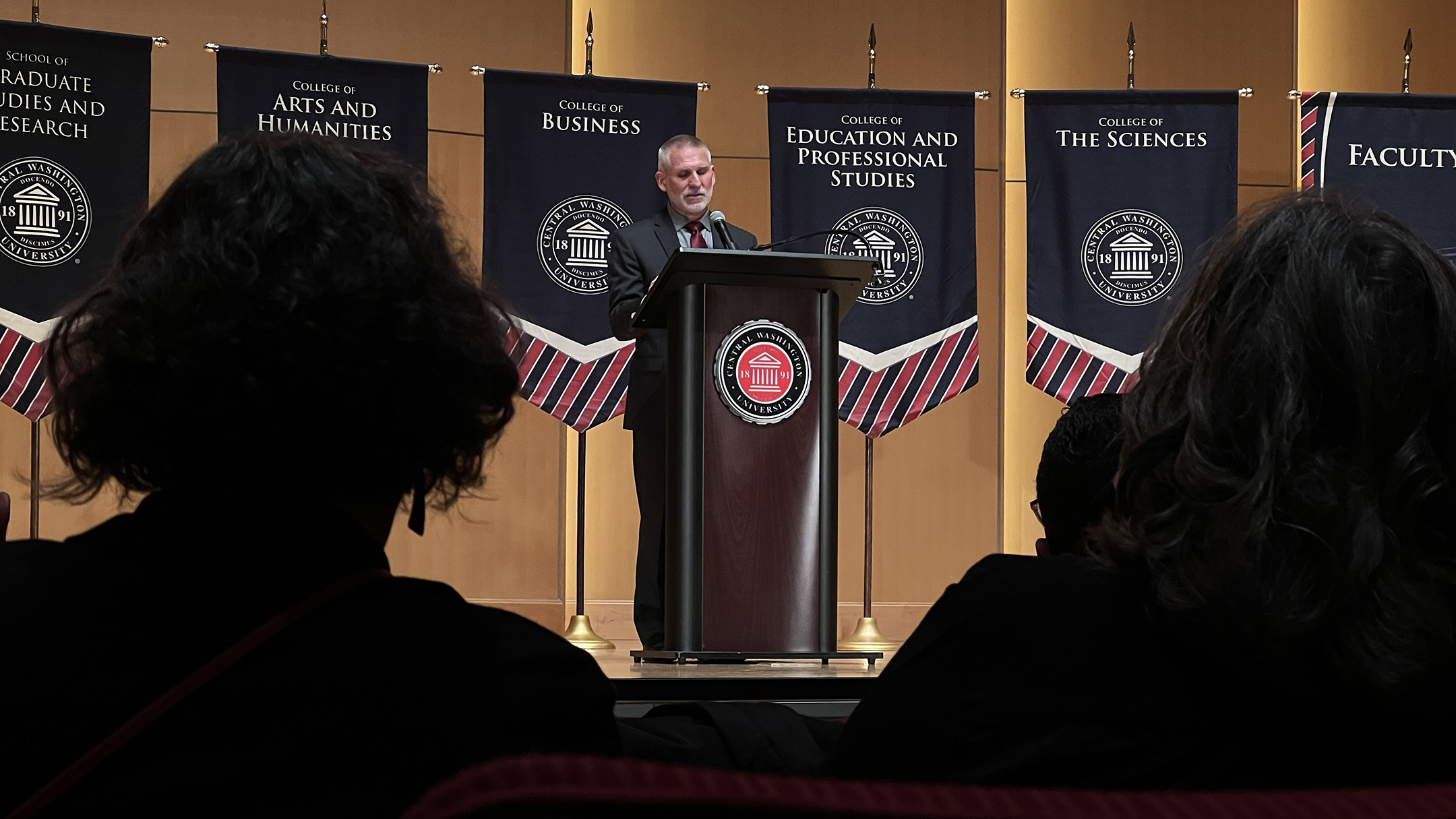 CWU President Jim Wohlpart delivers the State of the University address Wednesday on the Ellensburg campus.
