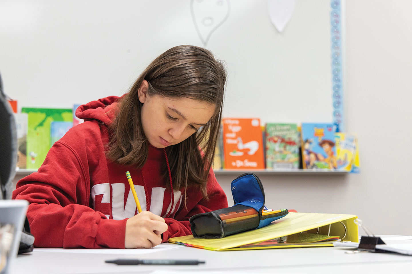 A photo taken at the Reading Intervention Center, showing a student hard at work.