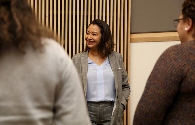 Daisy Verduzco Reyes talks with CWU students, faculty, and staff following her Wednesday night campus presentation.