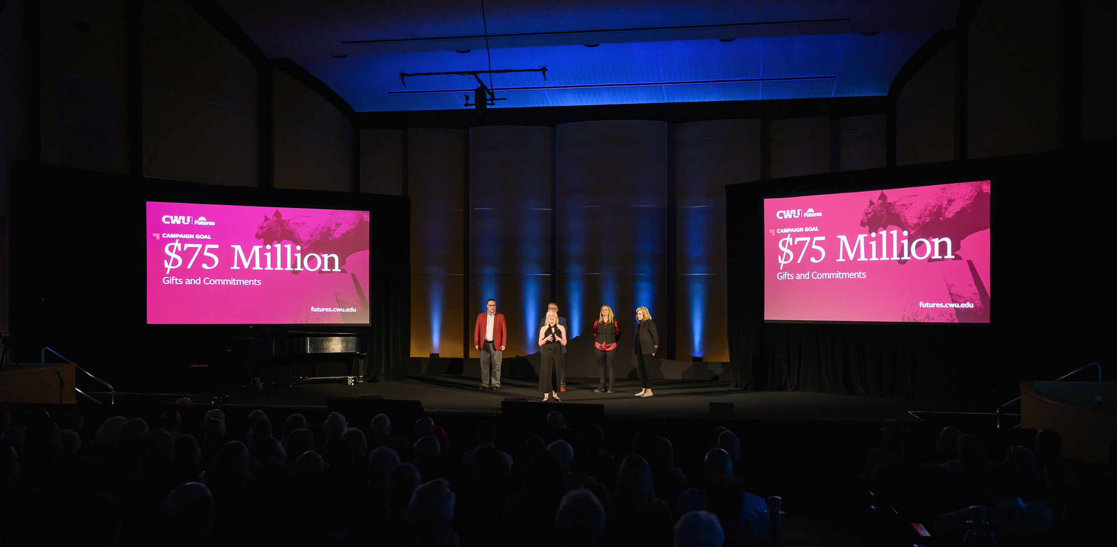 Futures Campaign fundraising goals appear on the big screen at the October 9 launch event in the McIntyre Music Building.
