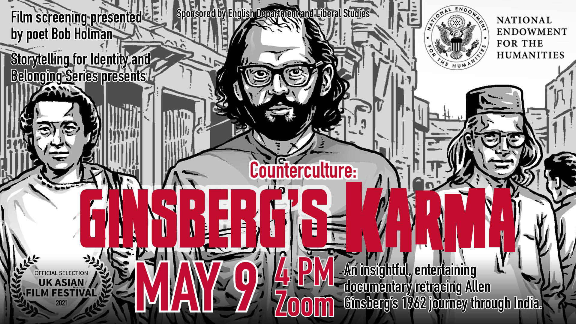 The CWU Department of English and the Liberal Arts program will screen 'Ginsberg's Karma' on Tuesday, May 9, on Zoom.