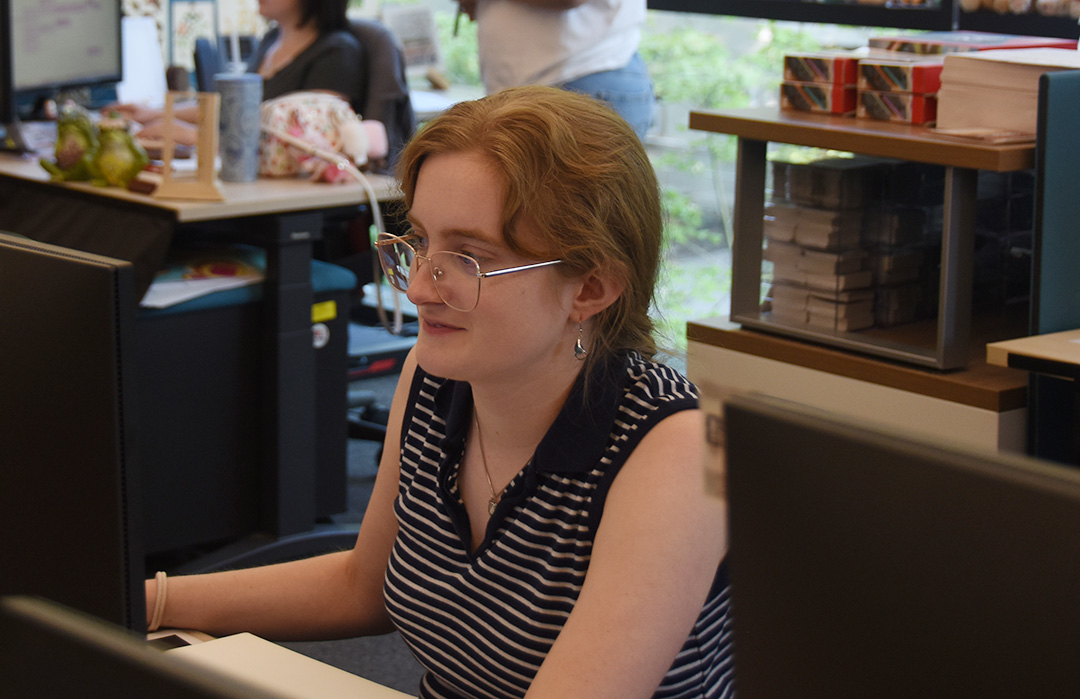 Laura Allen hard at work in the Publicity Center