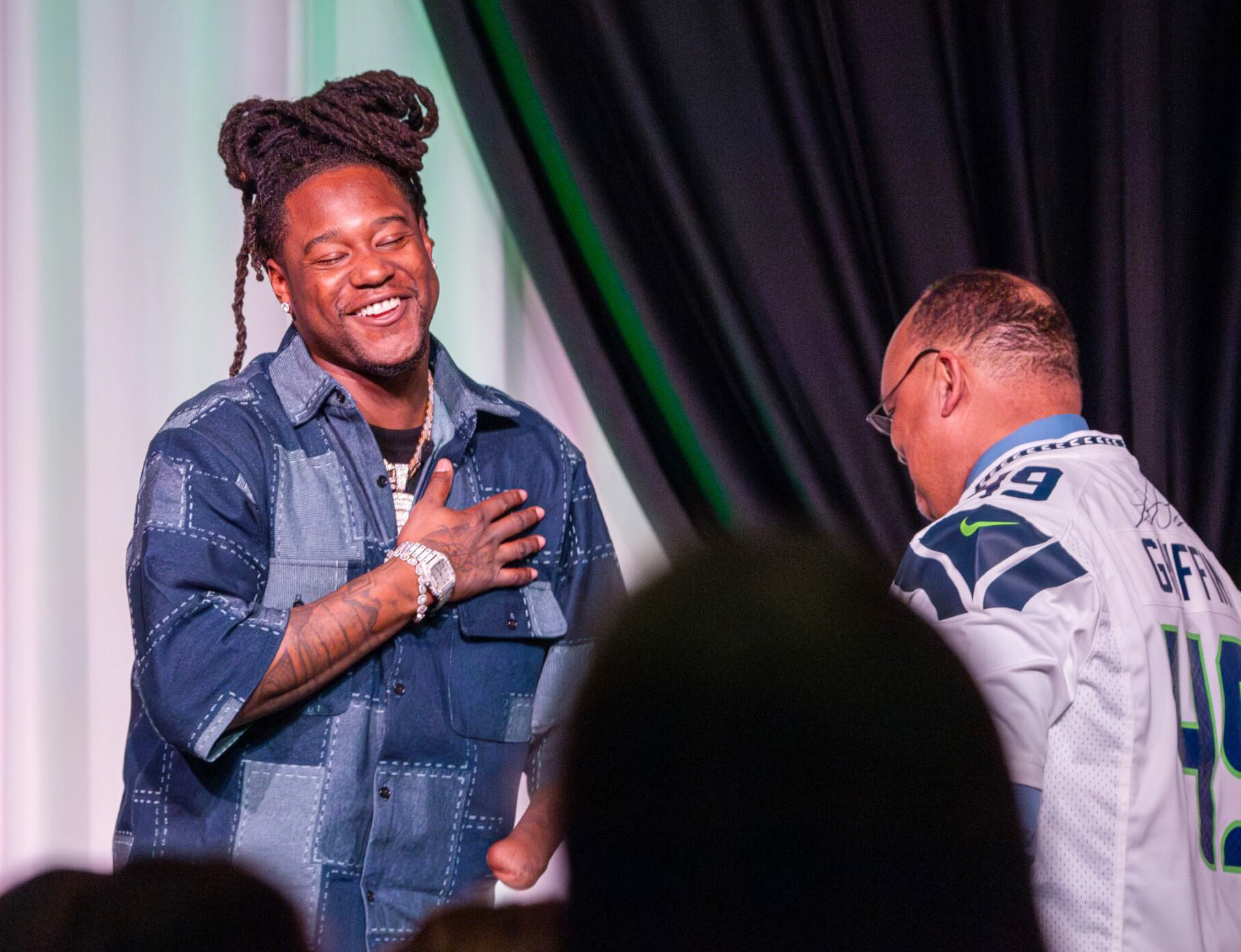 Shaquem Griffin shows appreciation to the CWU crowd