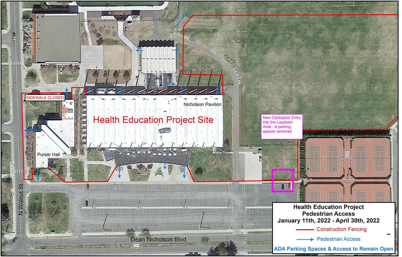 This map shows pedestrian access during phase one of the Health Education building project on the north end of campus