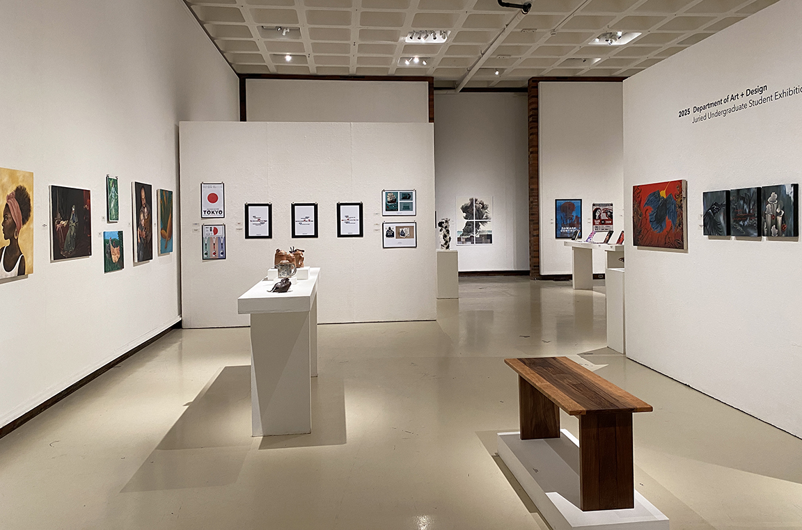 Installation image from the 2025 Juried Undergraduate Student Art + Design Exhibition