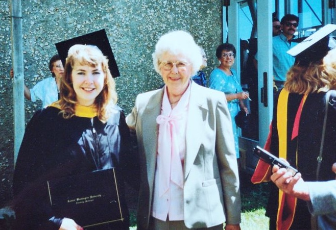 Kate (Braden) Green and her aunt Marcella Braden-Dodd at CWU Commencement in 1987.