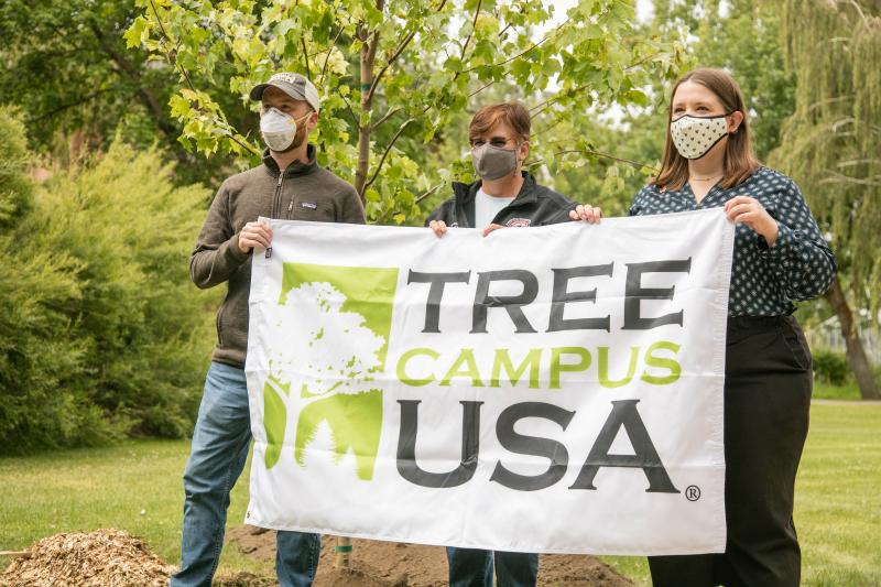 Blair McNeillie, CWU Grounds Supervisor; Sunny Bloxham, director, Custodial and Grounds and Kathleen Klaniecki, university Sustainability Coordinator, at Arbor Day event