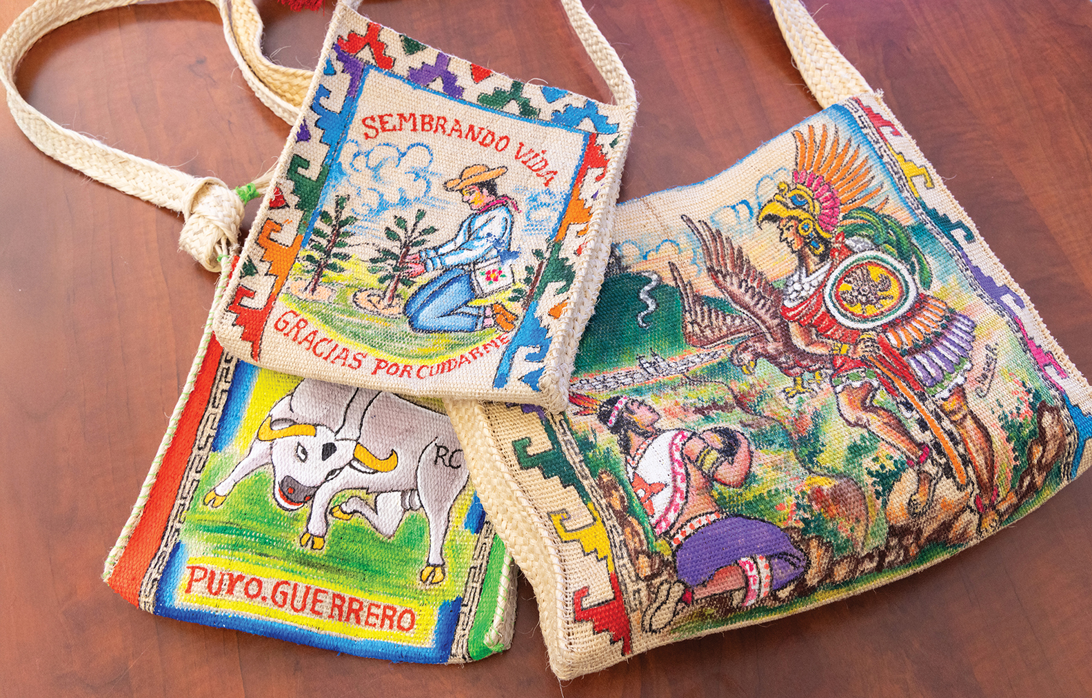 Authentic bags from the Morenos’ home state of Guerrero, Mexico.