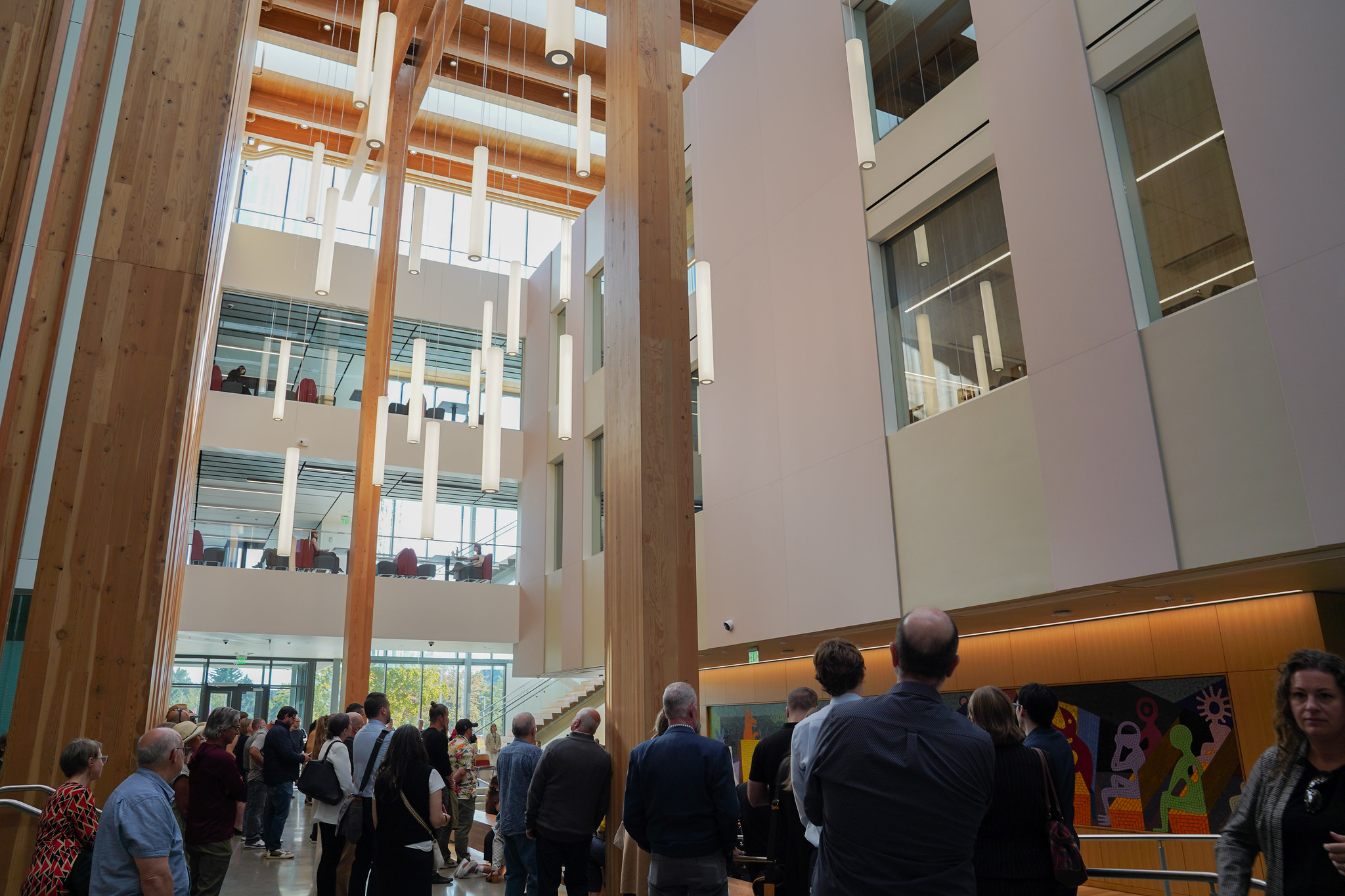The North Academic Commons atrium is highlighted by natural light and cross-laminated timber. (Photo by Tasia Tran)