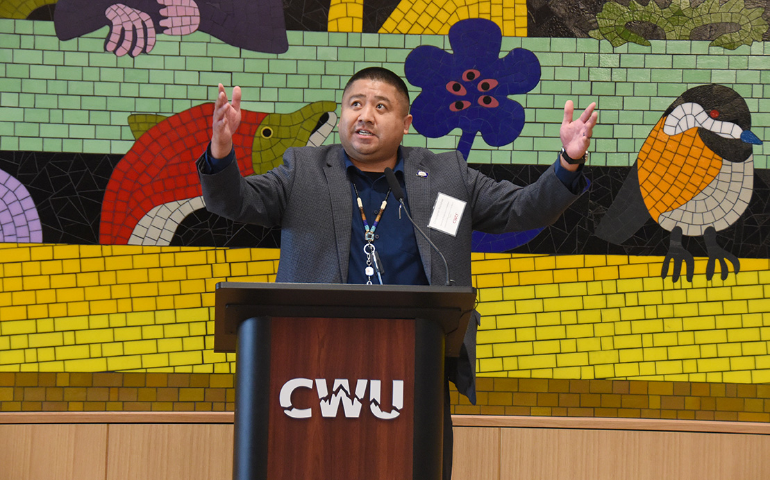 Yakama Nation Tribal Council member Christopher Wallahee speaks at the NAC ribbon-cutting event.