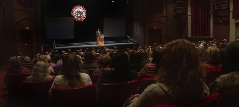 CWU BOT Vice Chair Robert Nellams, and crowd, at the State of the University address