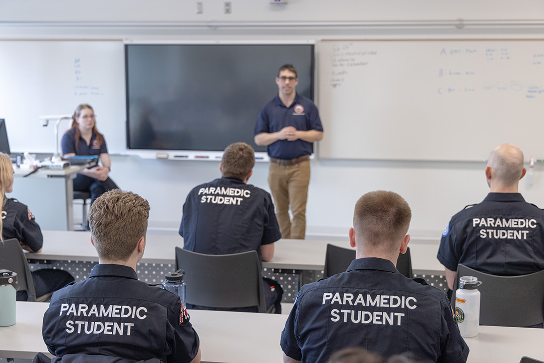 CWU Paramedicine students listen to their instructor in a classroom
