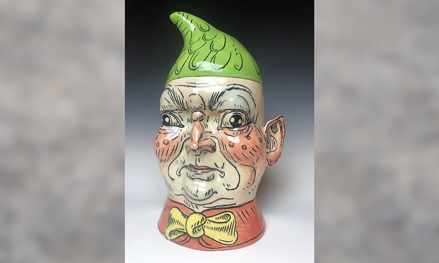 A white stoneware piece by Ryan Kelly called Peevish Elf (cookie jar).