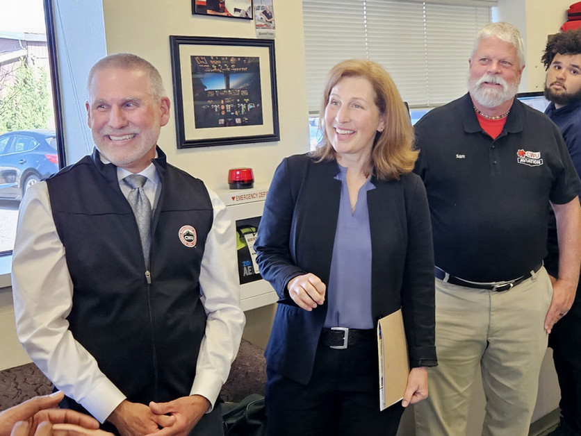 8th District U.S. Rep. Kim Schrier visited the CWU Aviation facilities last week with CWU President Jim Wohlpart, department chair Sam Pavel, and others