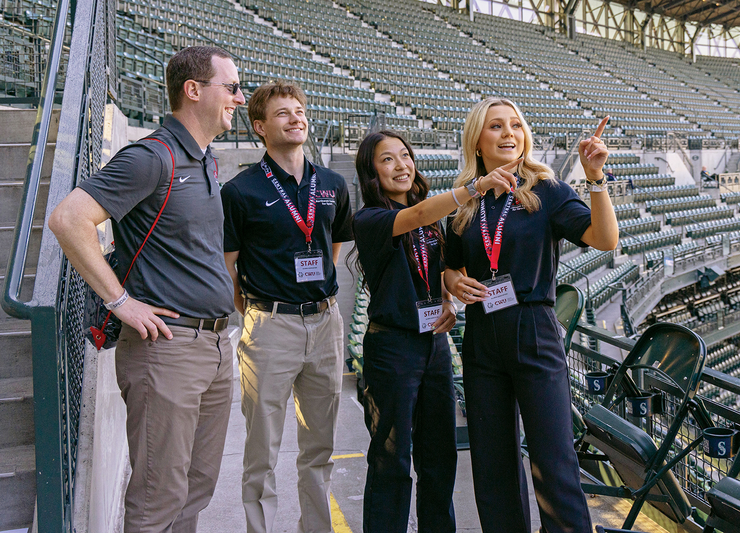 CWU Sport Management program team members Sean Dahlin (left), Levi Jennings, Lily Haughee, and Meadow Evenson explore T-Mobile Field before CWU Night at the Mariners in April.